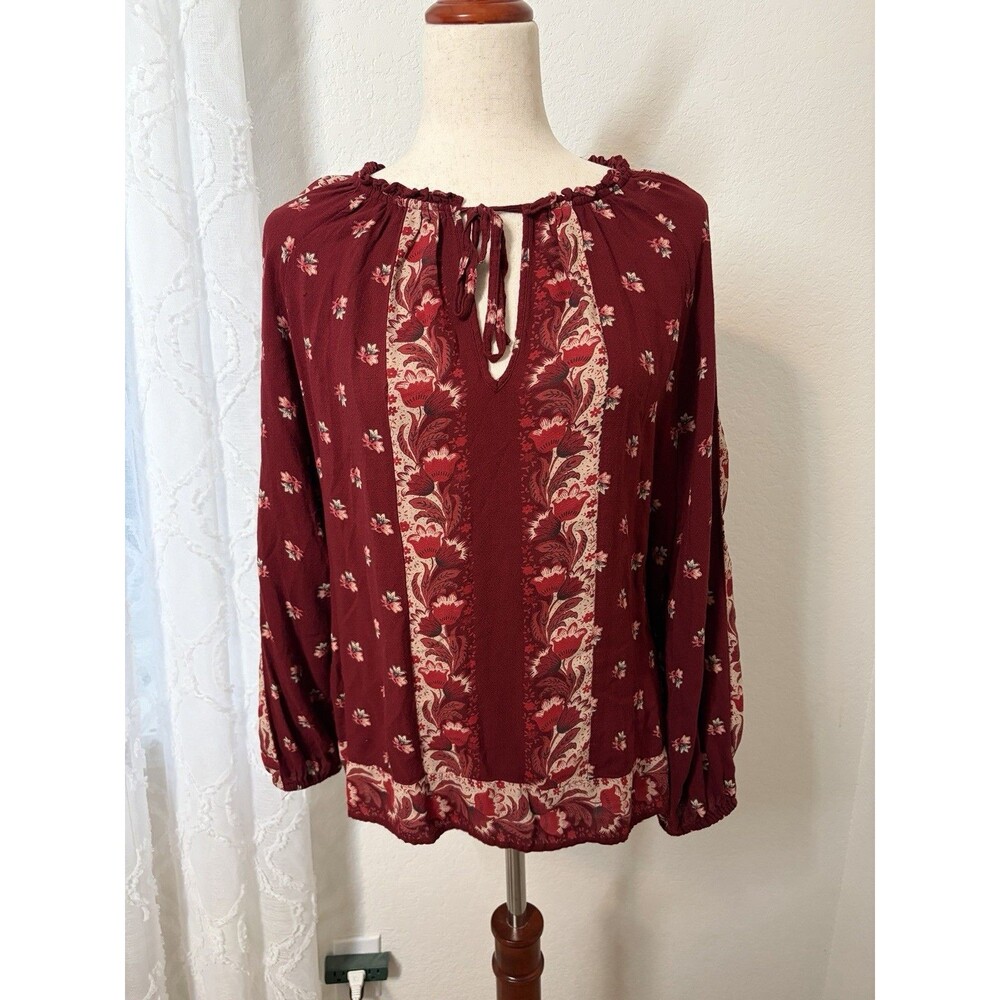 Lucky Brand Women Size XL Burgundy Floral Boho Peasant Blouse Cottagecore